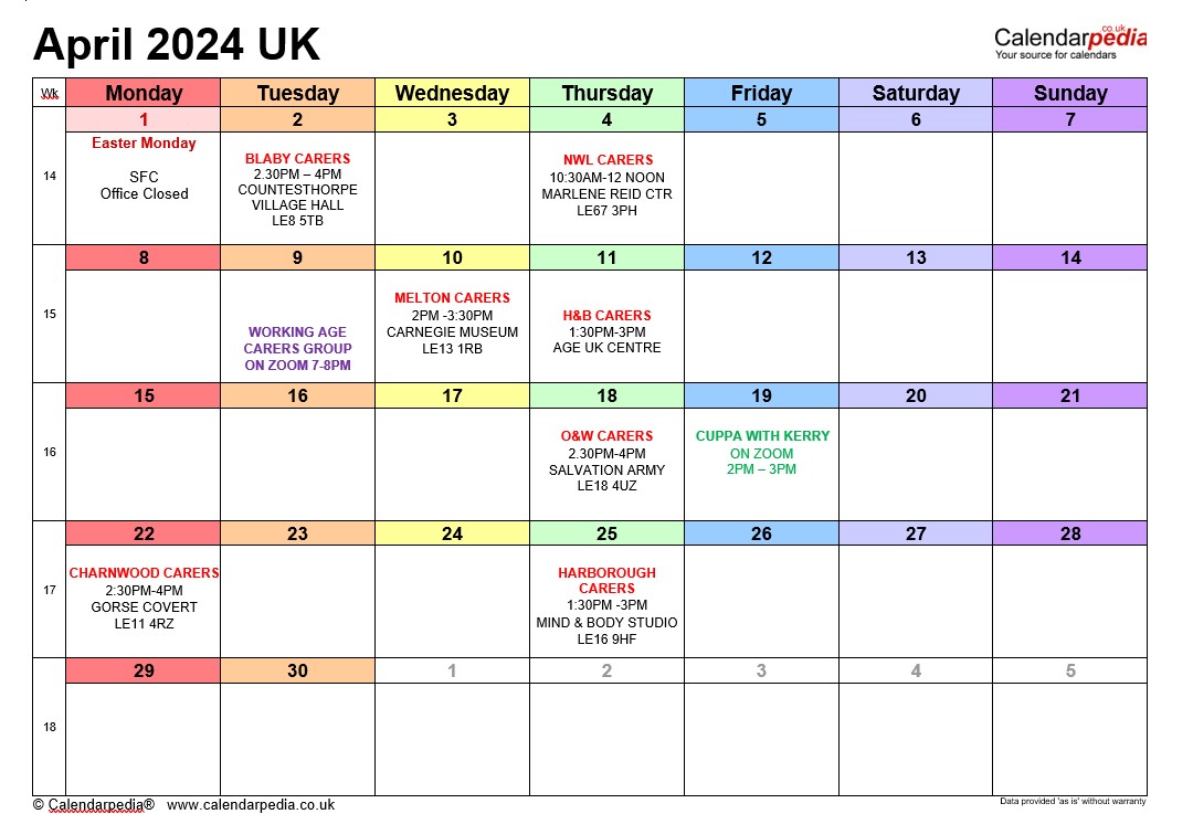 We currently offer seven face-to-face carers support groups and two online every month, including one evening - here's our April'24 calendar. 