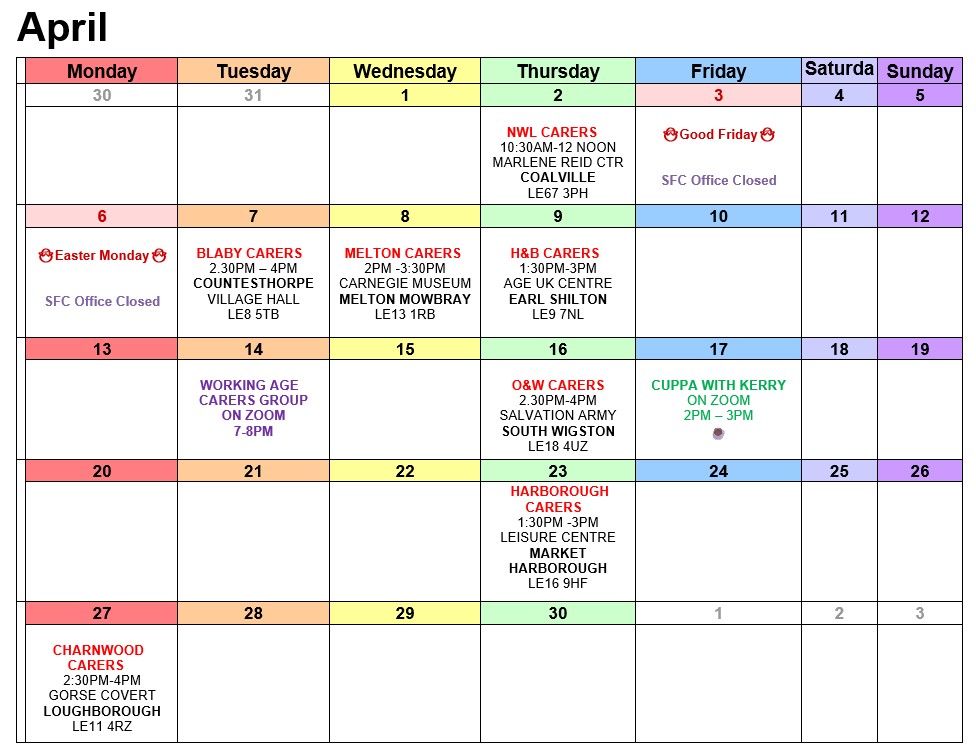 No matter where you live in Leicestershire there's a carers' support group for you - every month we run seven face to face groups, two online, and two peer support groups. Here's this months' calendar.