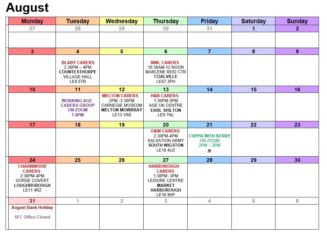 No matter where you live in Leicestershire there's a carers' support group for you - every month we run seven face to face groups, two online, and two peer support groups. Here's this months' calendar.