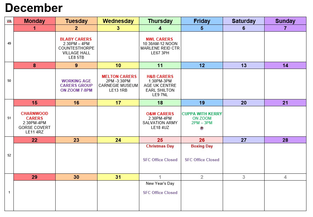 We currently offer seven face-to-face carers support groups and two online every month, including one in the evening - here's our December'25 calendar. We also have two peer-support groups called Carers Coffee Clubs.