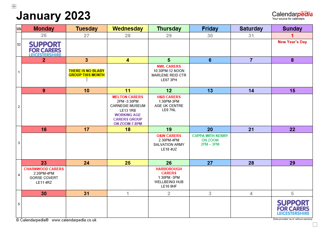 We currently offer seven face-to-face carers support groups and two online every month, including one evening - here's our January '23 calendar.