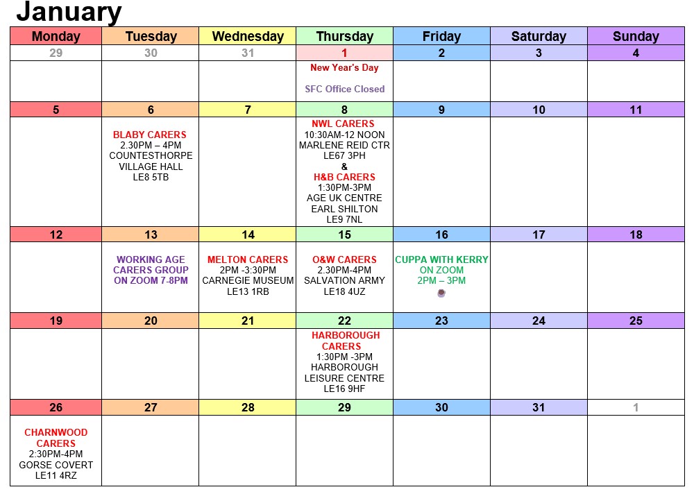 We currently offer seven face-to-face carers support groups and two online every month, including one in the evening - here's our January '26 calendar. We also have two peer-support groups called Carers Coffee Clubs.