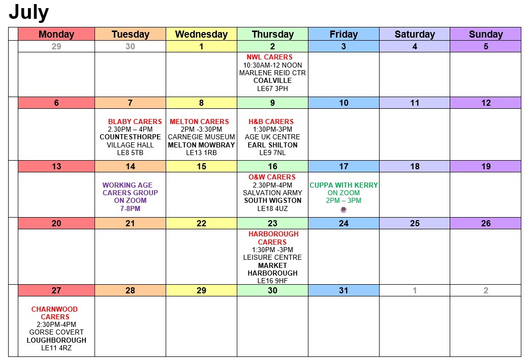 No matter where you live in Leicestershire there's a carers' support group for you - every month we run seven face to face groups, two online, and two peer support groups. Here's this months' calendar.