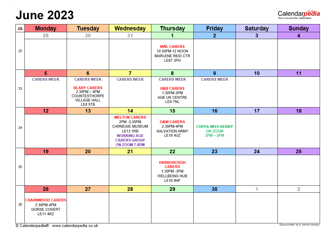 We currently offer seven face-to-face carers support groups and two online every month, including one evening - here's our June'23 calendar.