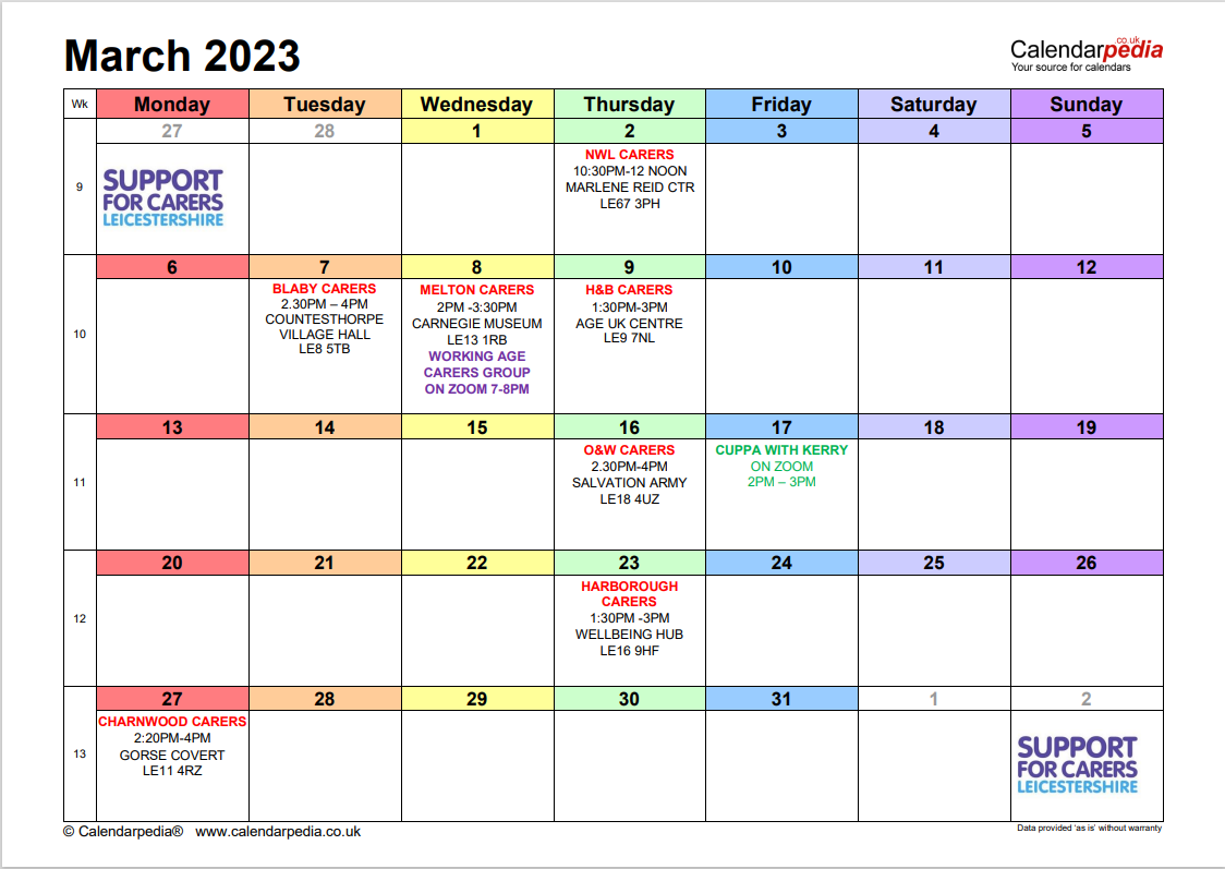 We currently offer seven face-to-face carers support groups and two online every month, including one evening - here's our March '23 calendar.