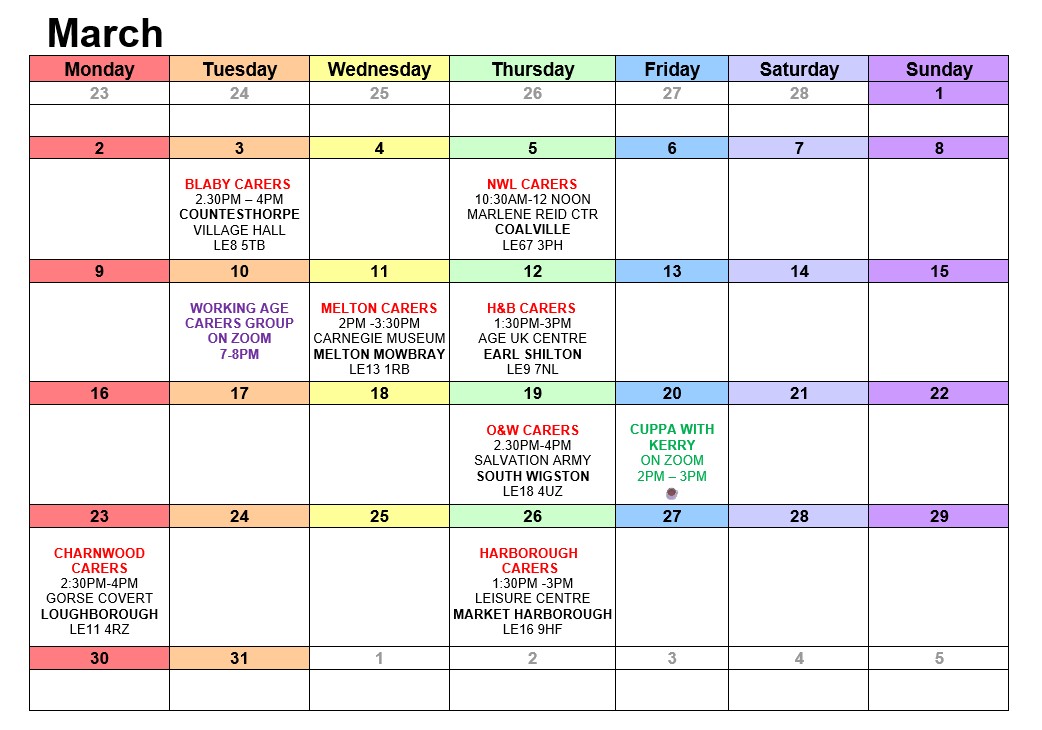 No matter where you live in Leicestershire there's a carers' support group for you - every month we run seven face to face groups, two online, and two peer support groups. Here's this months' calendar.