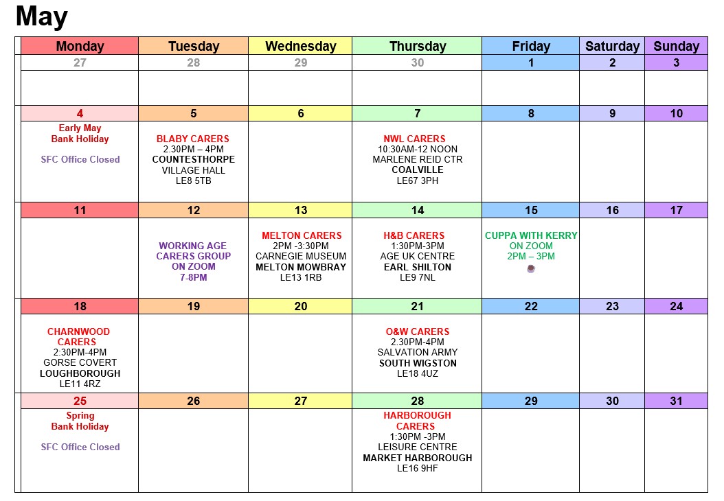 No matter where you live in Leicestershire there's a carers' support group for you - every month we run seven face to face groups, two online, and two peer support groups. Here's this months' calendar.