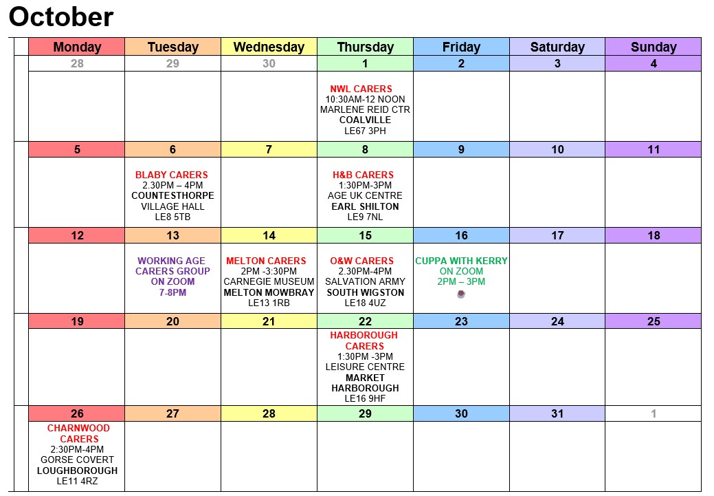 No matter where you live in Leicestershire there's a carers' support group for you - every month we run seven face to face groups, two online, and two peer support groups. Here's this months' calendar.