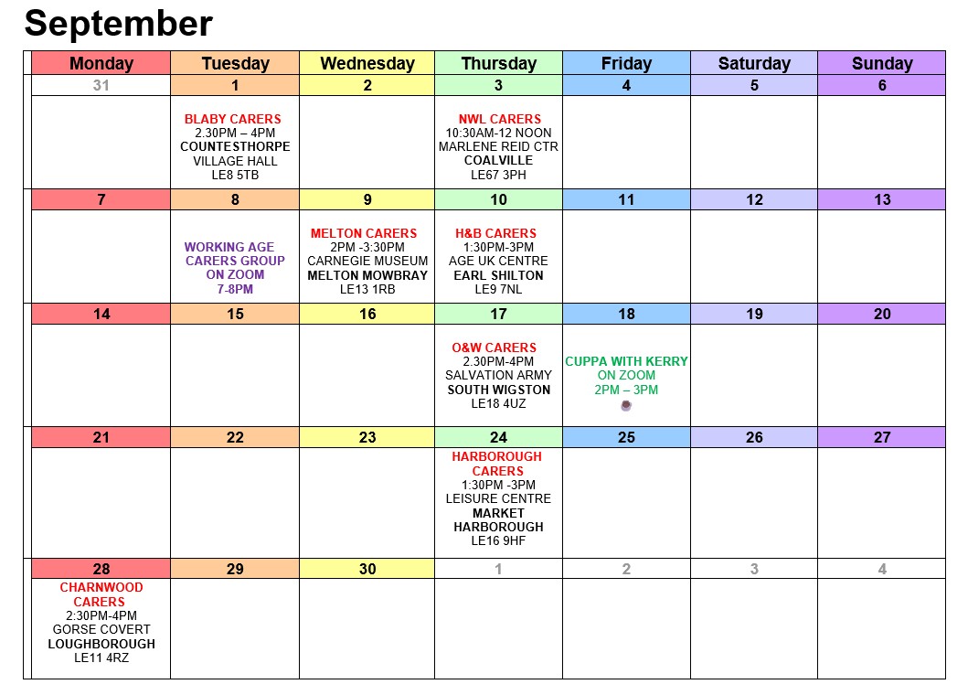 No matter where you live in Leicestershire there's a carers' support group for you - every month we run seven face to face groups, two online, and two peer support groups. Here's this months' calendar.